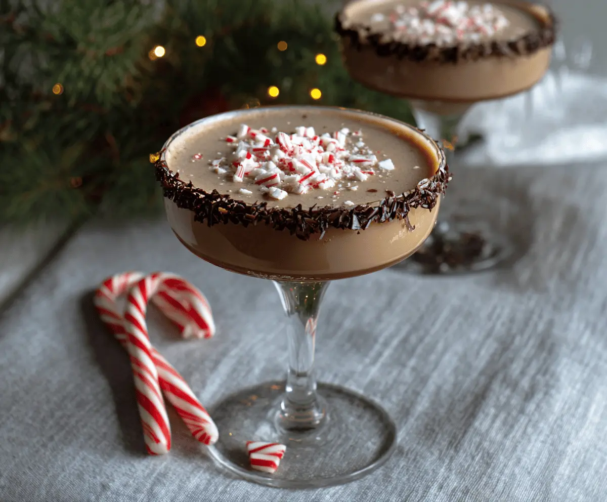 Delicious Peppermint Mocha Martini in a cocktail glass with chocolate and peppermint garnish.