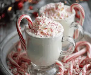 Creamy peppermint white hot chocolate topped with whipped cream and crushed peppermint candies.