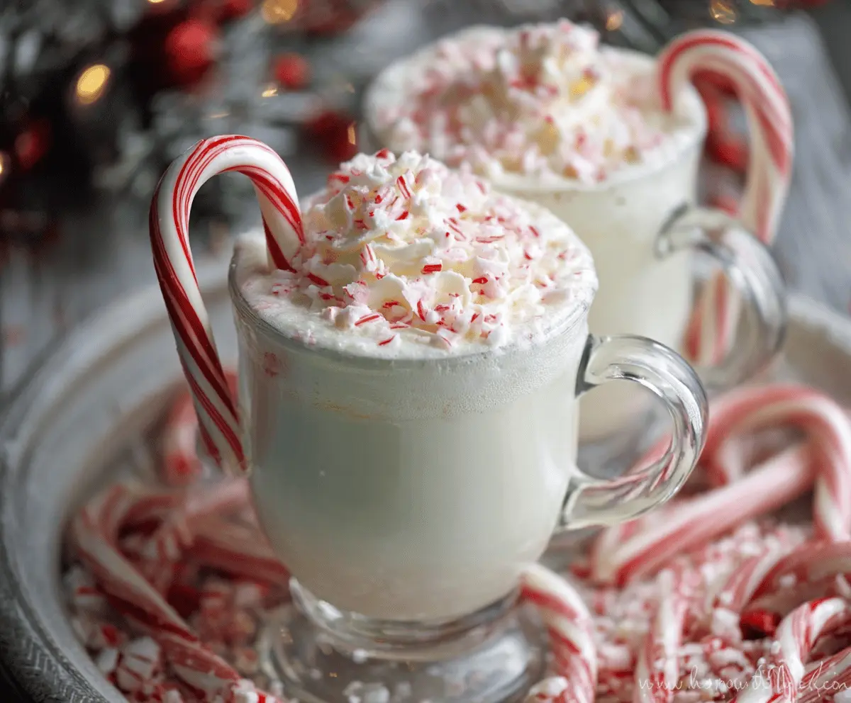 Creamy peppermint white hot chocolate topped with whipped cream and crushed peppermint candies.