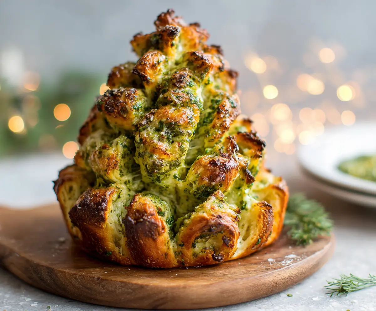 Festive pesto Christmas tree pull-apart bread with vibrant green basil pesto and golden baked layers for holiday celebration.