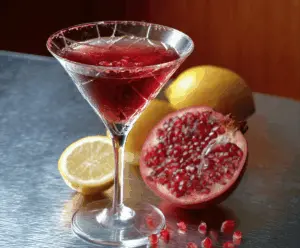 Elegant Pomegranate Martini in a glass garnished with fresh pomegranate seeds and a twist of lemon.