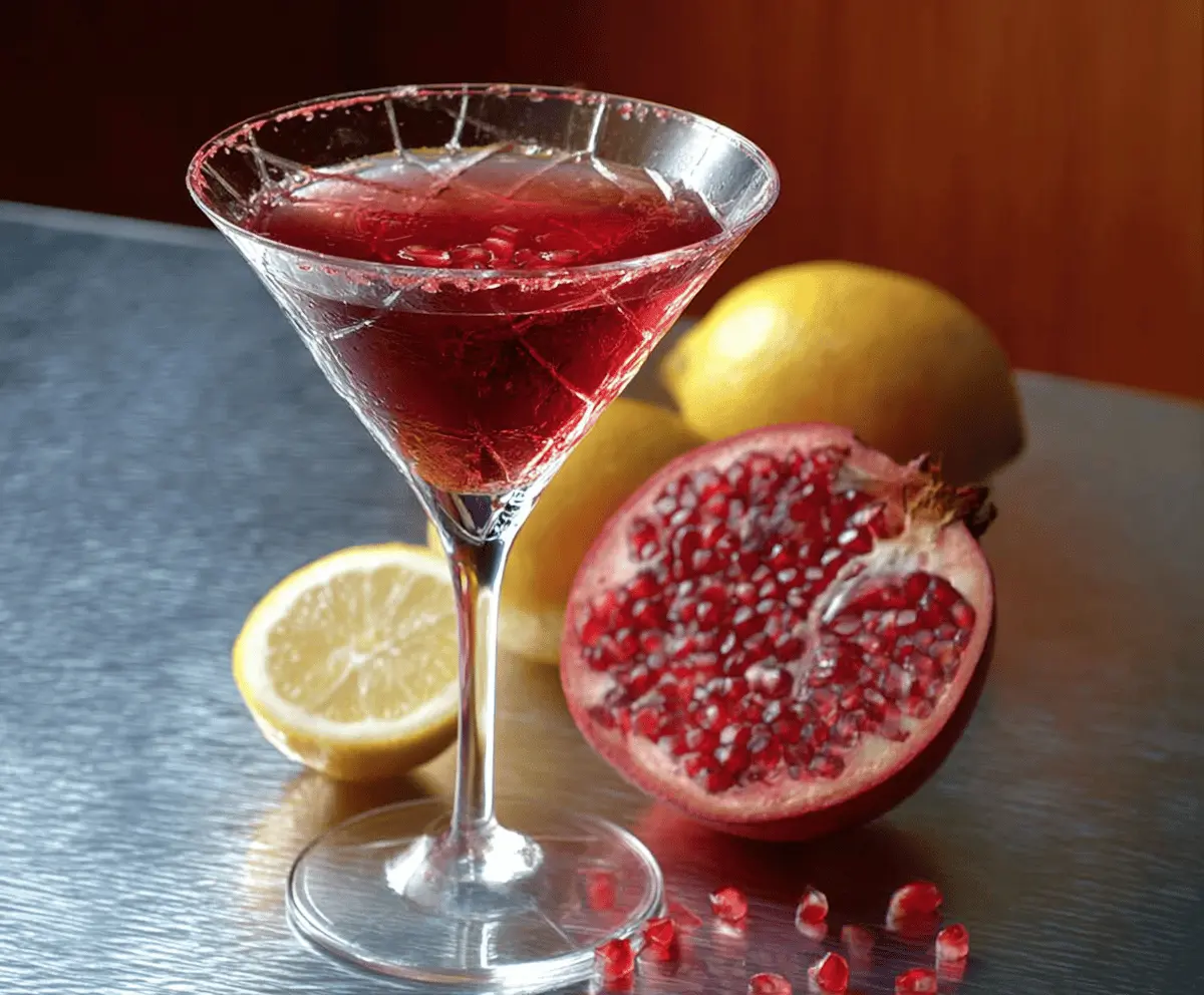 Elegant Pomegranate Martini in a glass garnished with fresh pomegranate seeds and a twist of lemon.