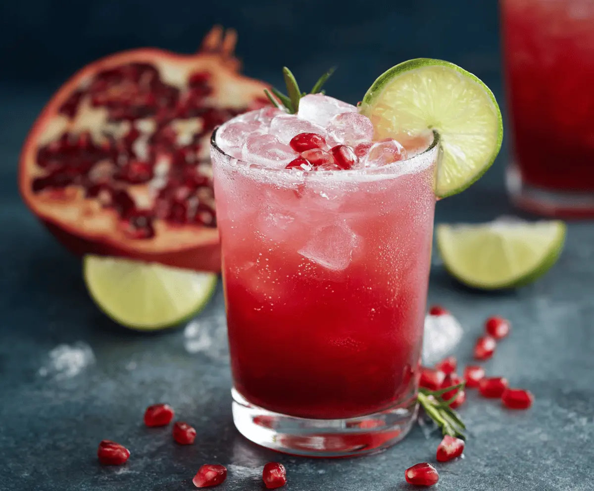 Refreshing Pomegranate Paloma cocktail in a glass garnished with fresh pomegranate seeds and lime wedge.