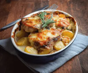 Delicious pork chops and potatoes casserole garnished with herbs on a rustic plate.