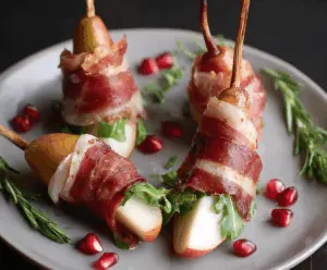 Prosciutto wrapped pears served as an elegant appetizer for parties.