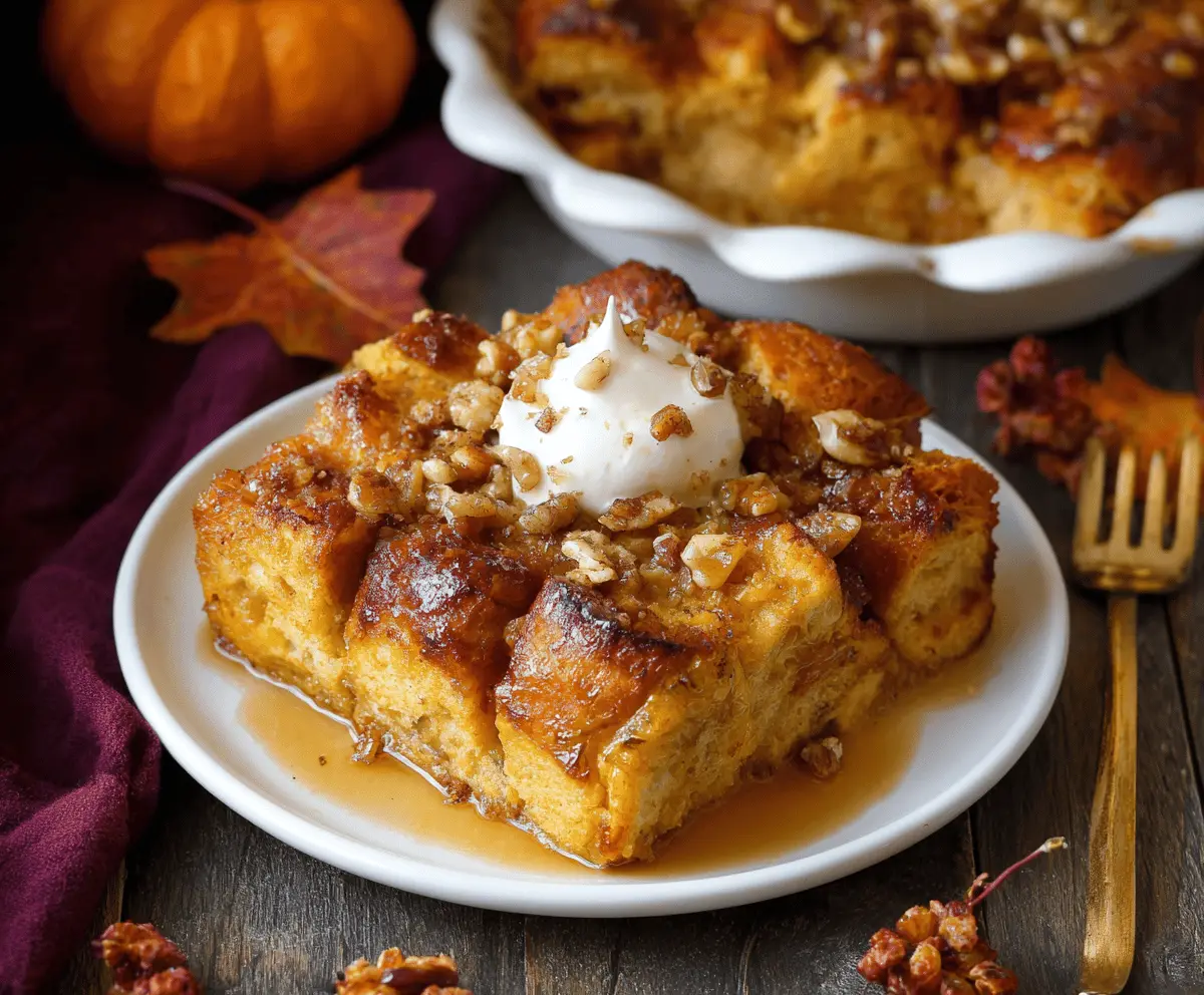 Delicious pumpkin bread pudding topped with whipped cream and cinnamon.