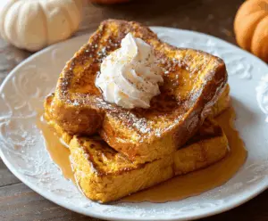 Delicious pumpkin French toast topped with whipped cream and cinnamon, perfect for breakfast.