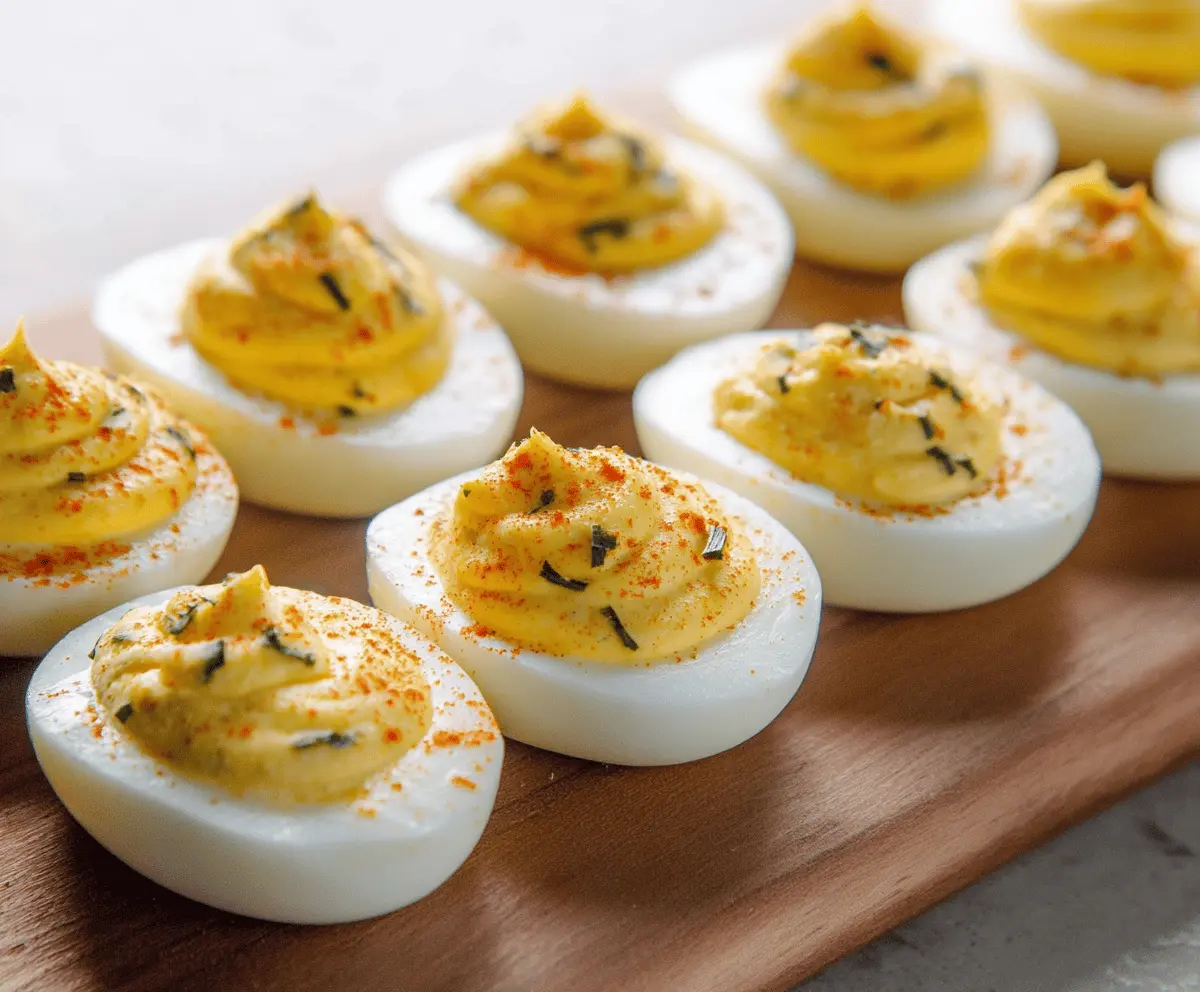 Creamy ranch flavored deviled eggs garnished with paprika and fresh herbs, perfect for appetizers.