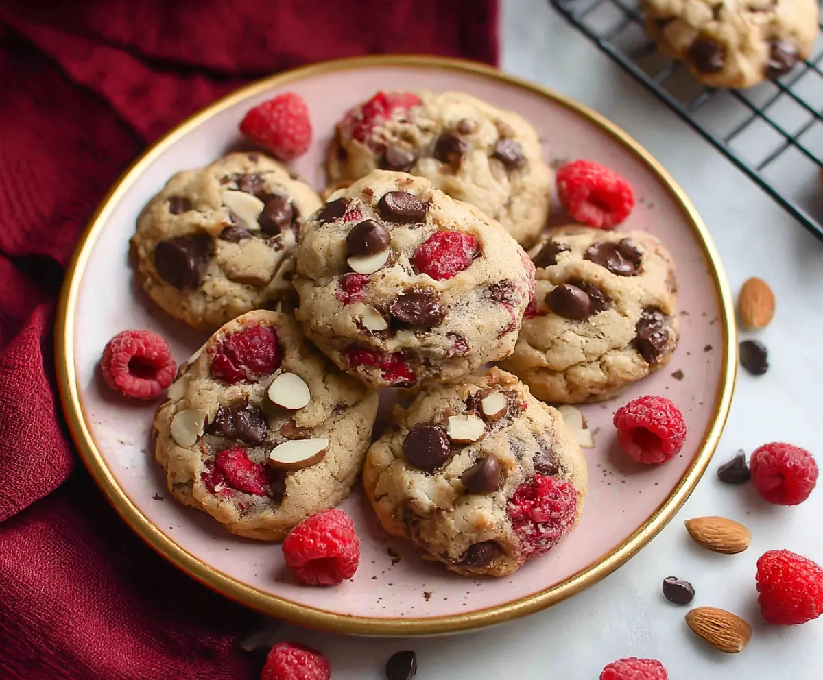 Delicious Raspberry Almond Chocolate Chip Cookies fresh out of the oven, showcasing a golden-brown exterior and visible raspberry, almond, and chocolate chunks.