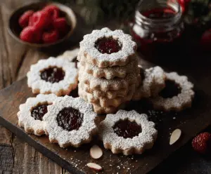 Delicious Raspberry Almond Linzer Cookies with berry filling and almond accents on a rustic plate.