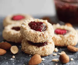 Delicious raspberry and hazelnut thumbprint cookies on a white plate, showcasing a golden-brown crust and vibrant raspberry filling.