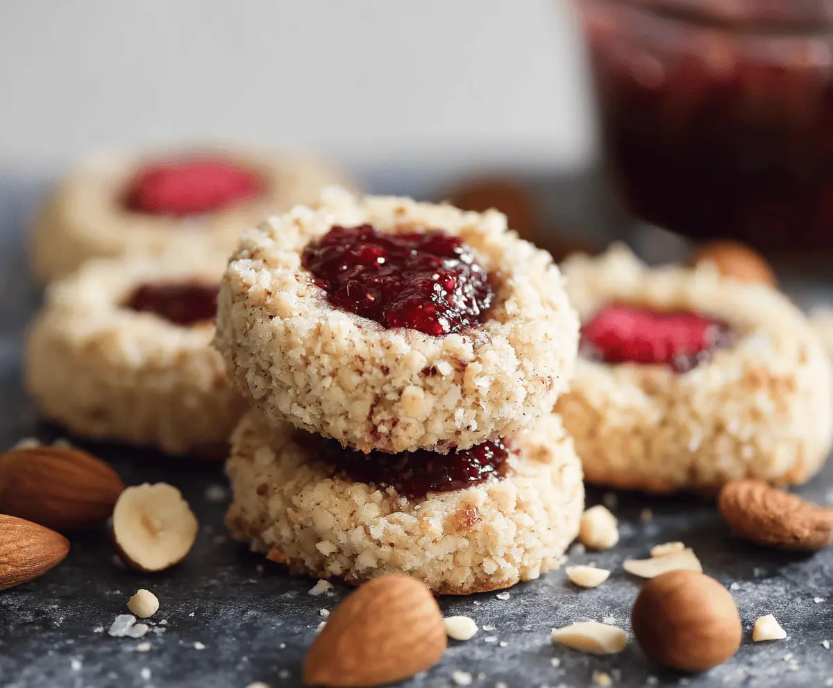 Delicious raspberry and hazelnut thumbprint cookies on a white plate, showcasing a golden-brown crust and vibrant raspberry filling.