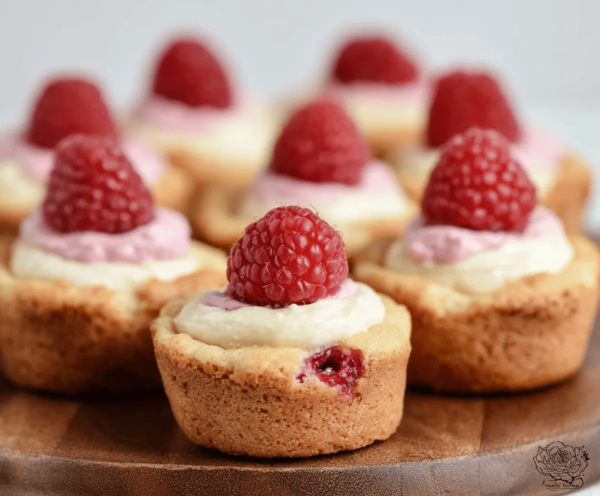 Delicious raspberry cheesecake cookie cups served on a plate, showcasing a sweet and creamy dessert with fresh raspberries on top.