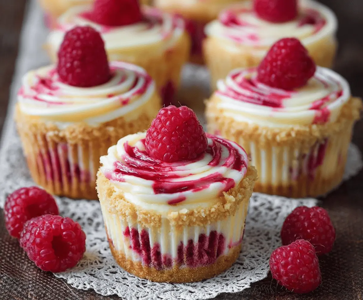 Delicious raspberry cheesecake cupcakes with creamy topping and fresh raspberries on top.