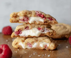 Delicious Raspberry Cheesecake Stuffed Cookies with fresh raspberries and creamy cheesecake filling
