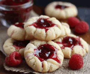 Delicious Raspberry Cheesecake Thumbprint Cookies with bright red raspberry filling and crispy cookie exterior.