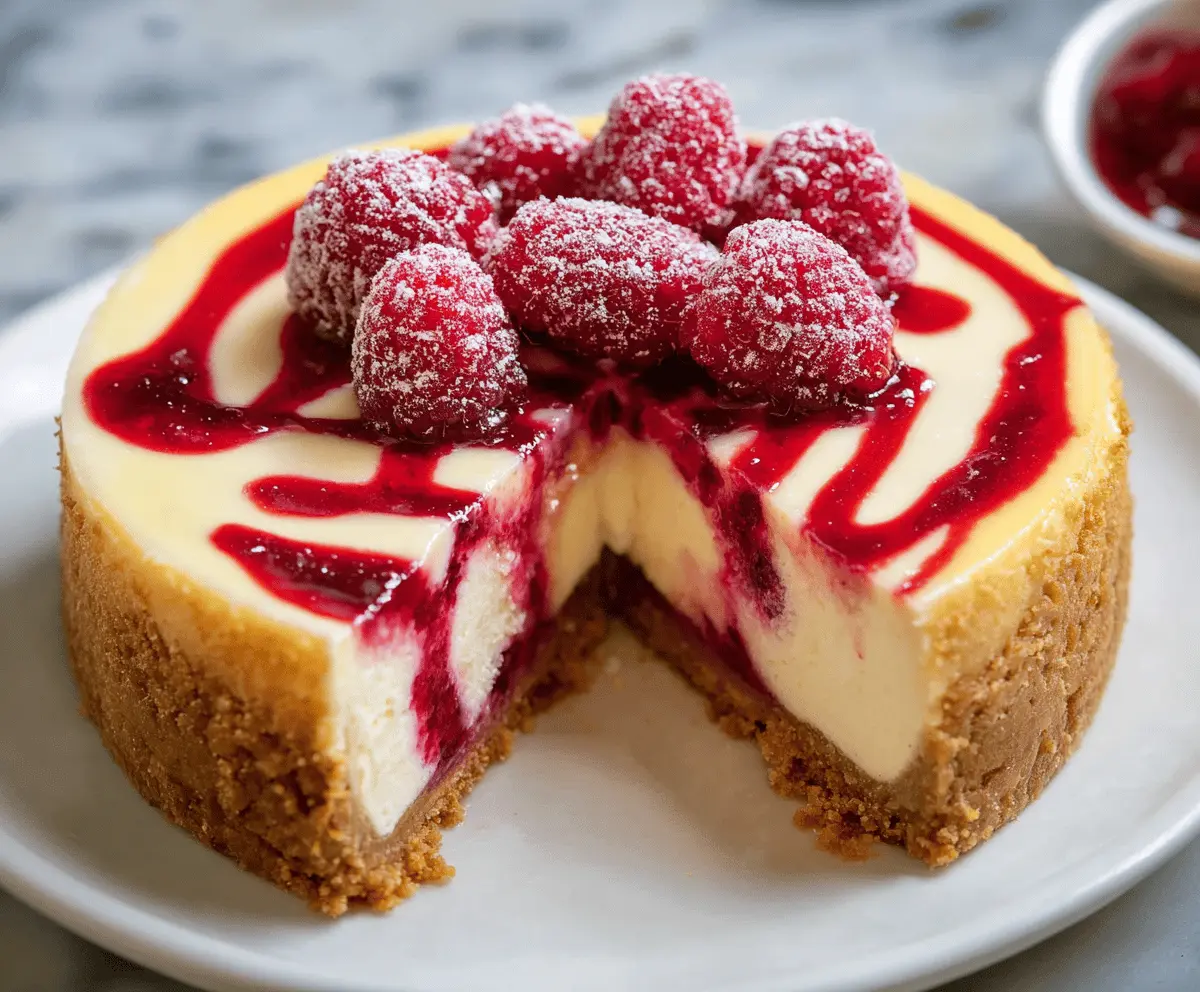 Delicious raspberry cheesecake with a creamy filling and fresh raspberries on top.