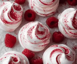 Delicious Raspberry Meringue Cookies with a crispy exterior and fluffy interior, topped with fresh raspberries.