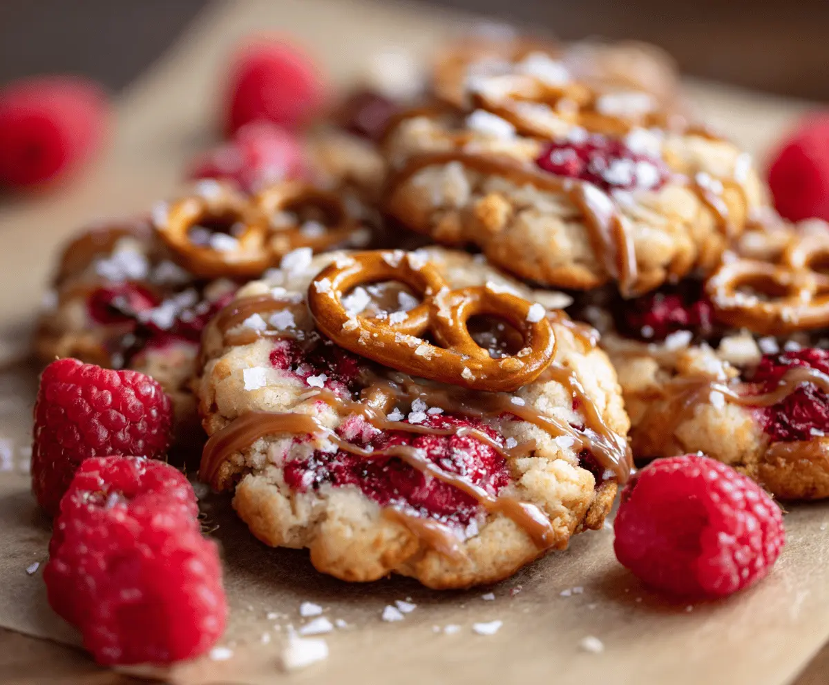 Delicious Raspberry Pretzel Cookies with a sweet and salty flavor, topped with fresh raspberries and crunchy pretzels.