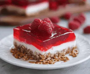Delicious Raspberry Pretzel Jello dessert with layers of fresh raspberries and pretzel crust