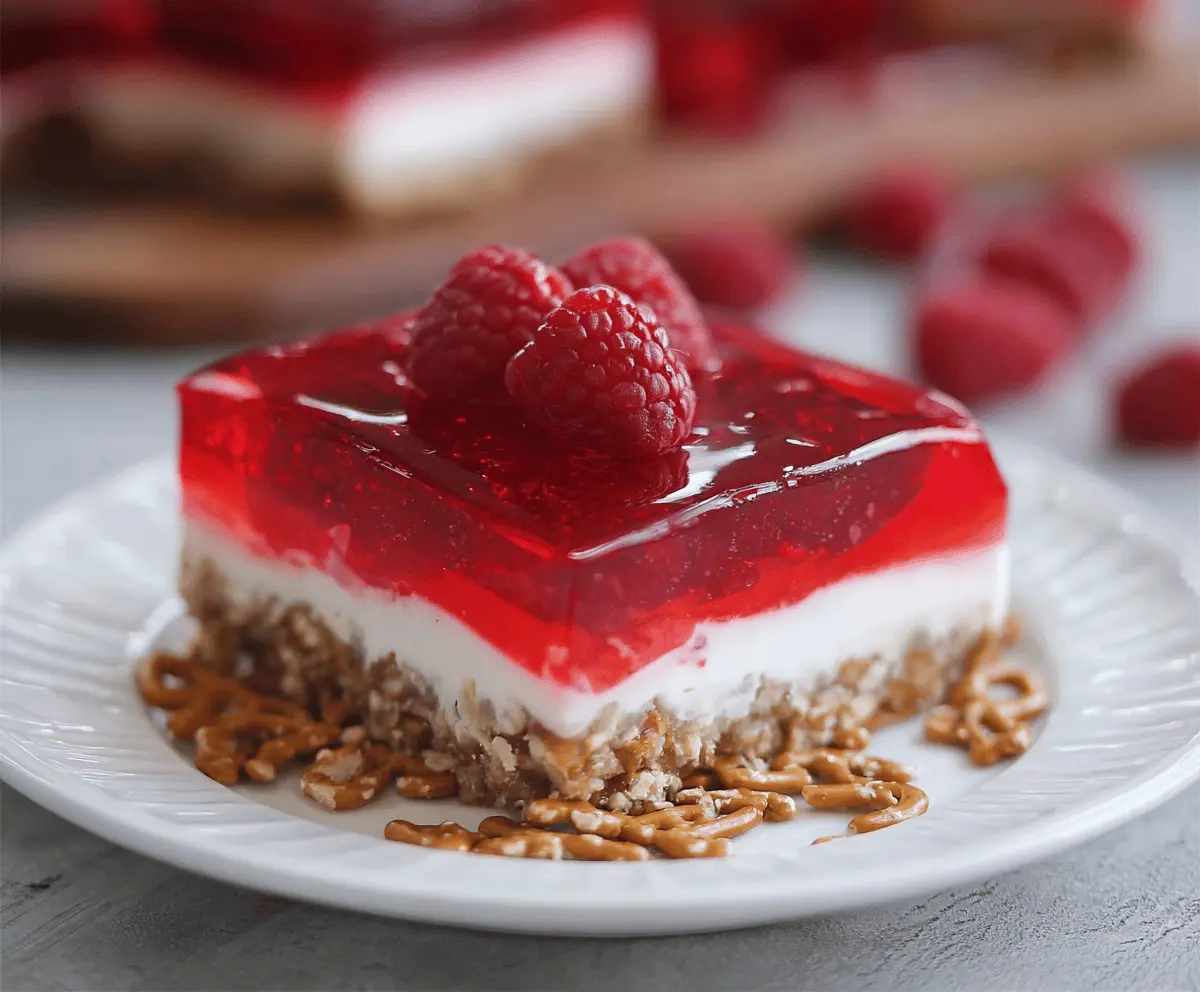 Delicious Raspberry Pretzel Jello dessert with layers of fresh raspberries and pretzel crust
