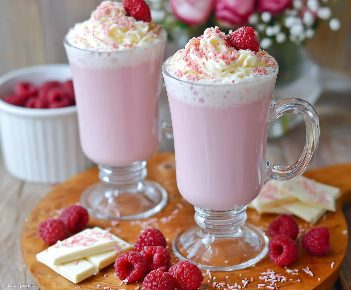 Creamy raspberry white hot chocolate topped with whipped cream and fresh raspberries.