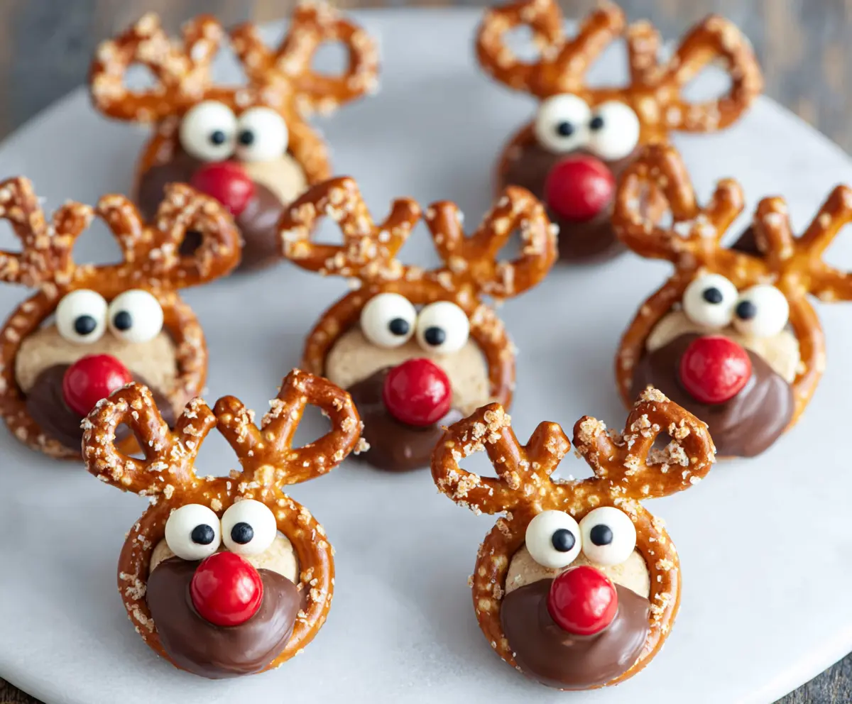 Delicious Reindeer Pretzel Bites with festive chocolate and pretzel snacks for holiday treats