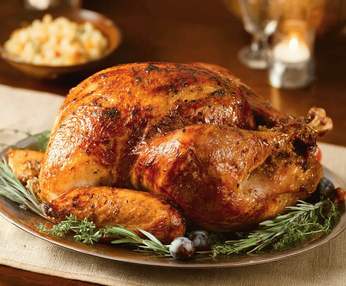 Juicy roasted turkey with crispy golden skin served on a platter for a festive meal.