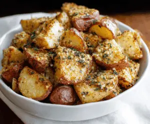 Golden roasted garlic Parmesan potatoes served on a rustic plate, garnished with fresh herbs.