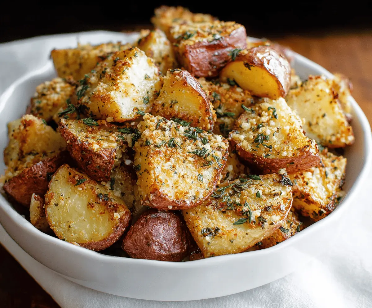 Golden roasted garlic Parmesan potatoes served on a rustic plate, garnished with fresh herbs.
