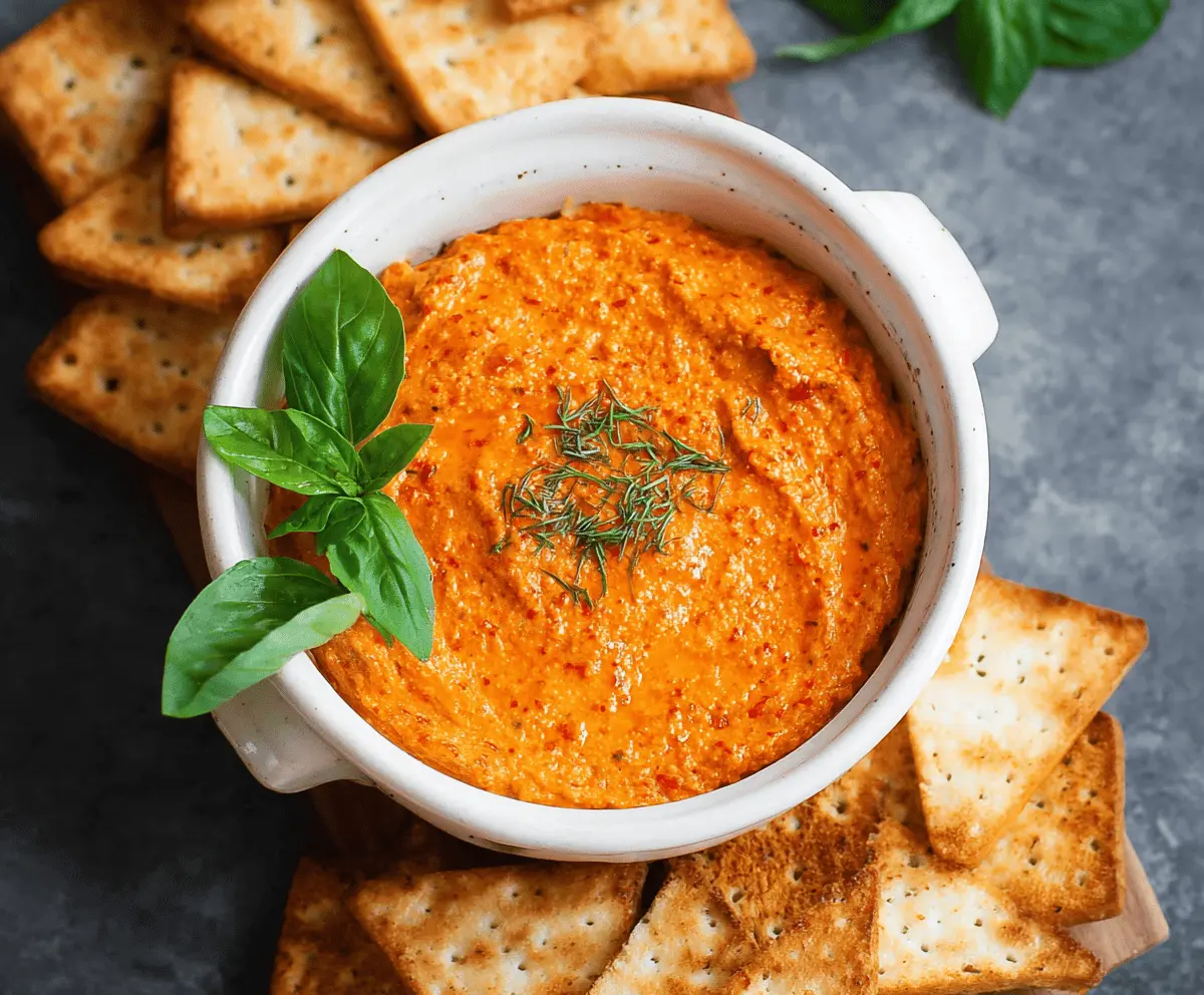 Delicious roasted red pepper dip served with fresh vegetables and pita bread.