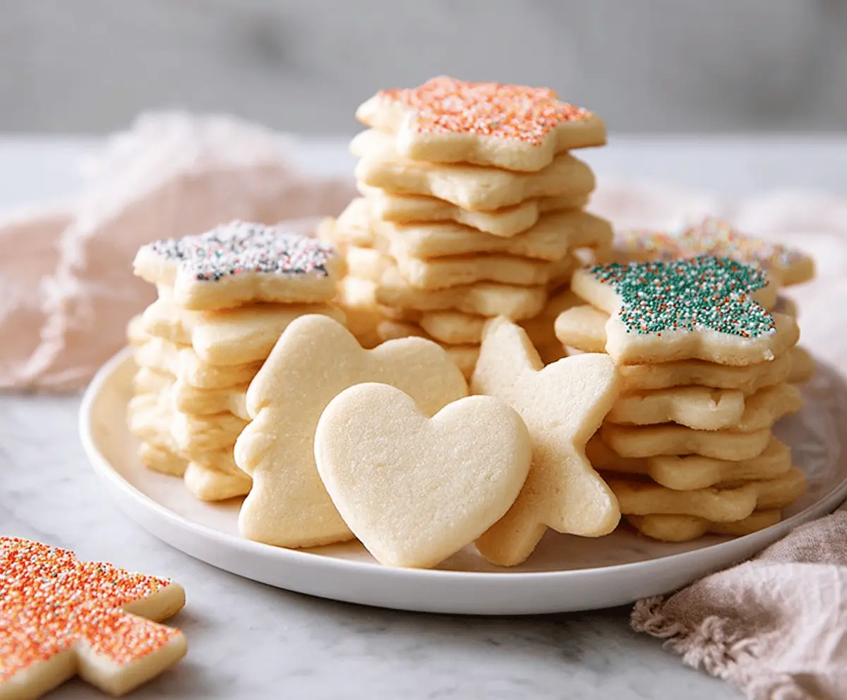 Homemade roll-out sugar cookies decorated with colorful icing and sprinkles on a baking sheet.