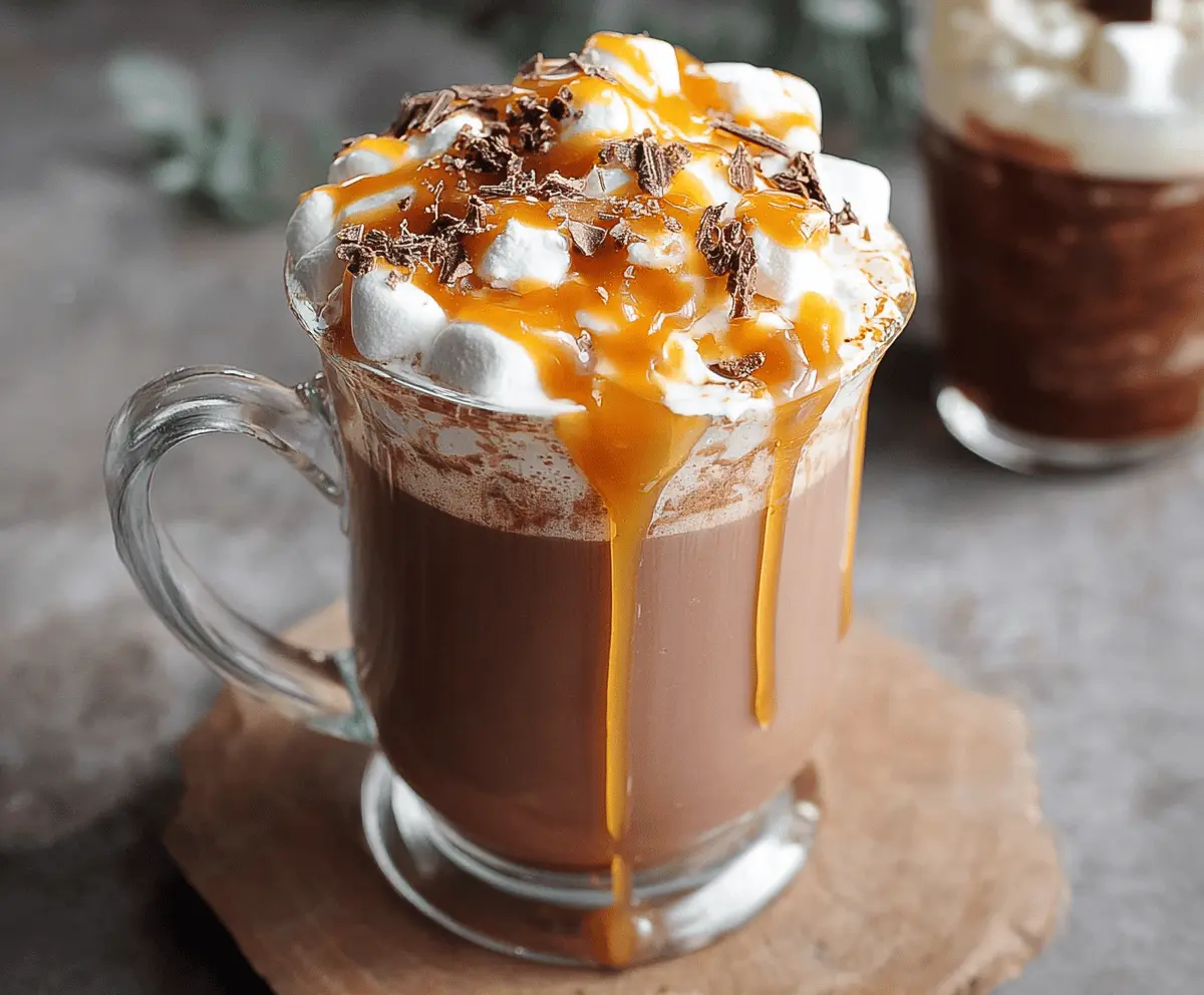 A cozy mug of salted caramel hot chocolate topped with whipped cream and caramel drizzle, perfect for winter indulgence.