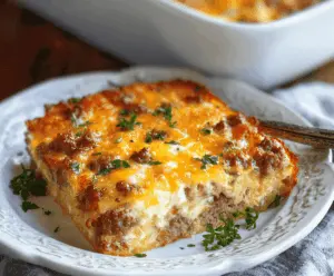 Delicious sausage, egg, and cream cheese hashbrown breakfast casserole served hot.
