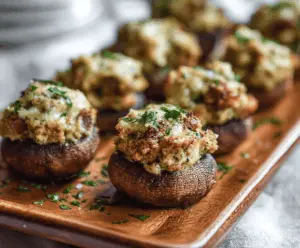 Delicious sausage stuffed mushrooms garnished with herbs, perfect for appetizers or party snacks.