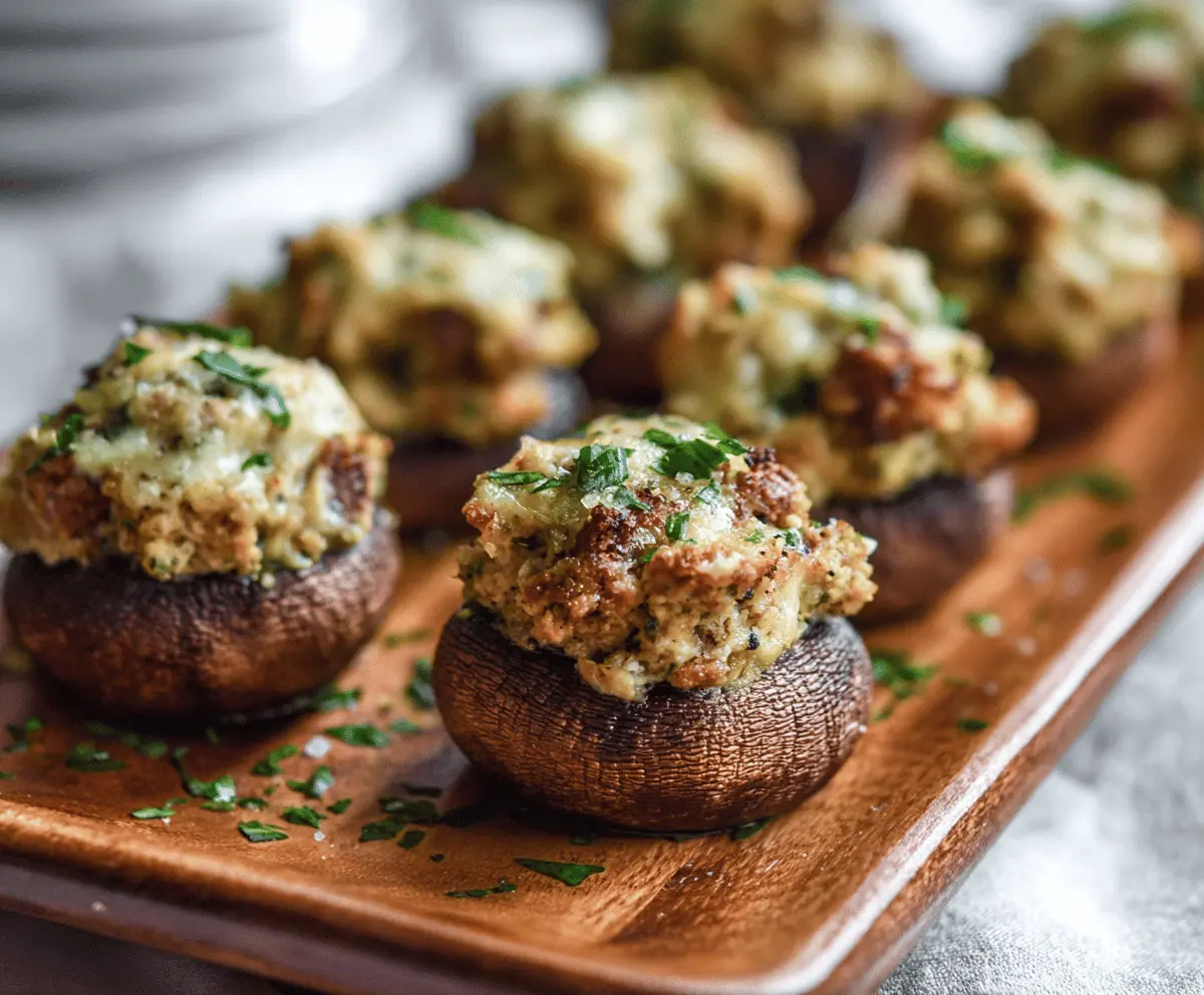 Delicious sausage stuffed mushrooms garnished with herbs, perfect for appetizers or party snacks.