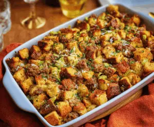Delicious sausage stuffing recipe with golden-brown breadcrumbs and savory sausage for a festive holiday meal.