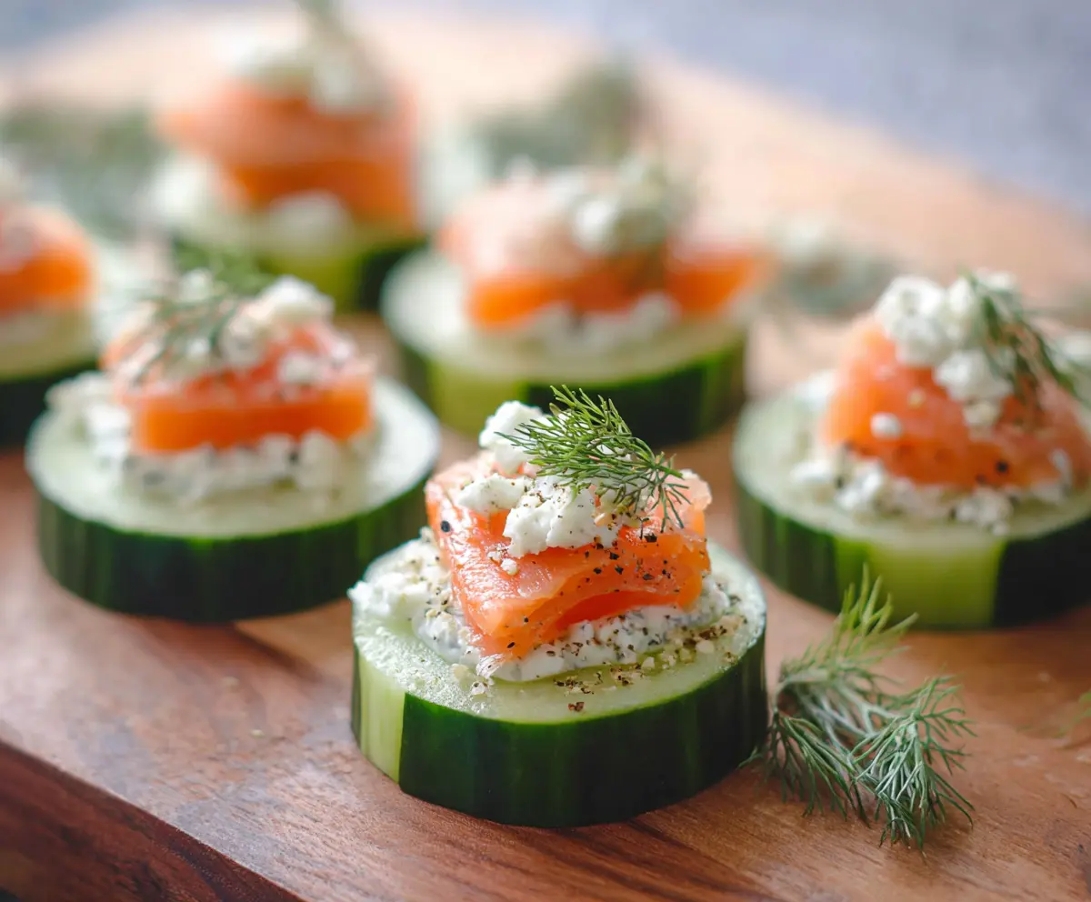 Delicious smoked salmon cucumber bites garnished with fresh herbs, perfect for parties and appetizers.