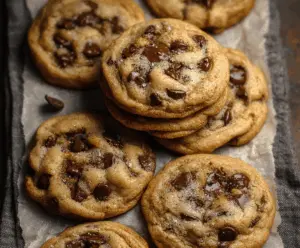 Delicious soft-batch chocolate chip cookies with gooey chocolate chunks on a white plate.