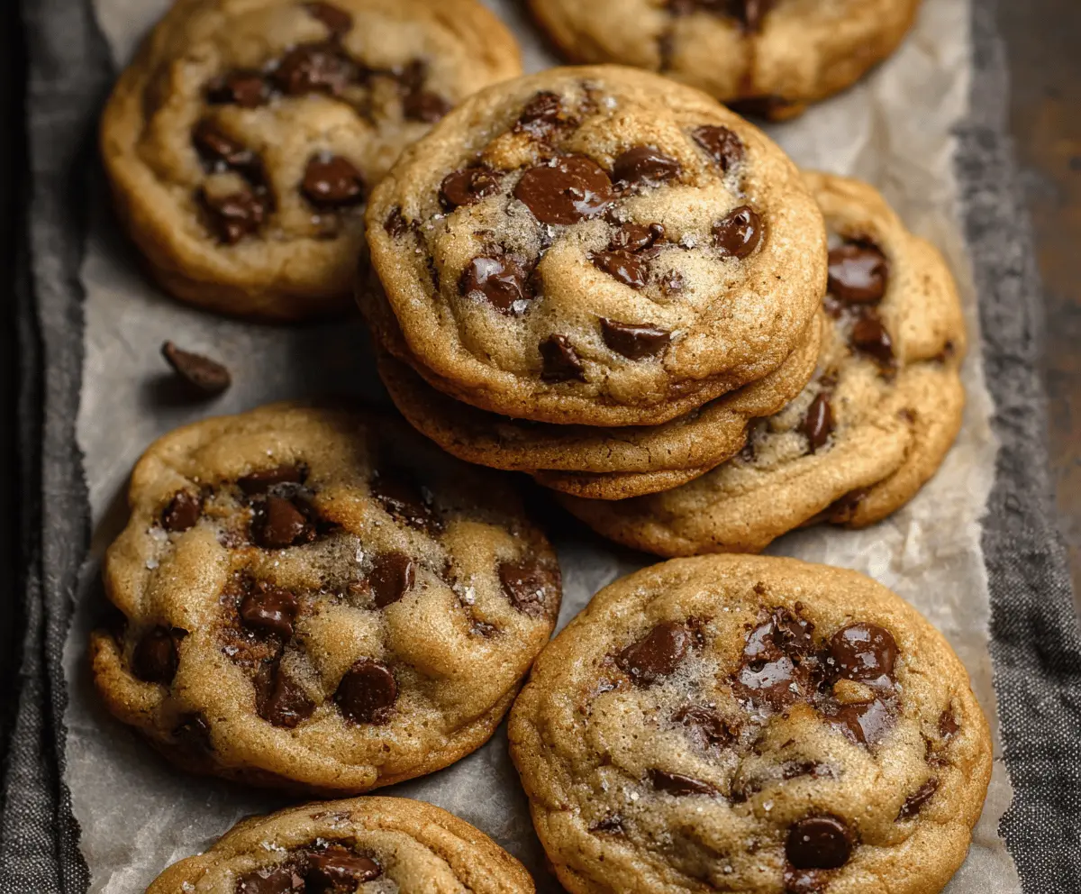 Delicious soft-batch chocolate chip cookies with gooey chocolate chunks on a white plate.