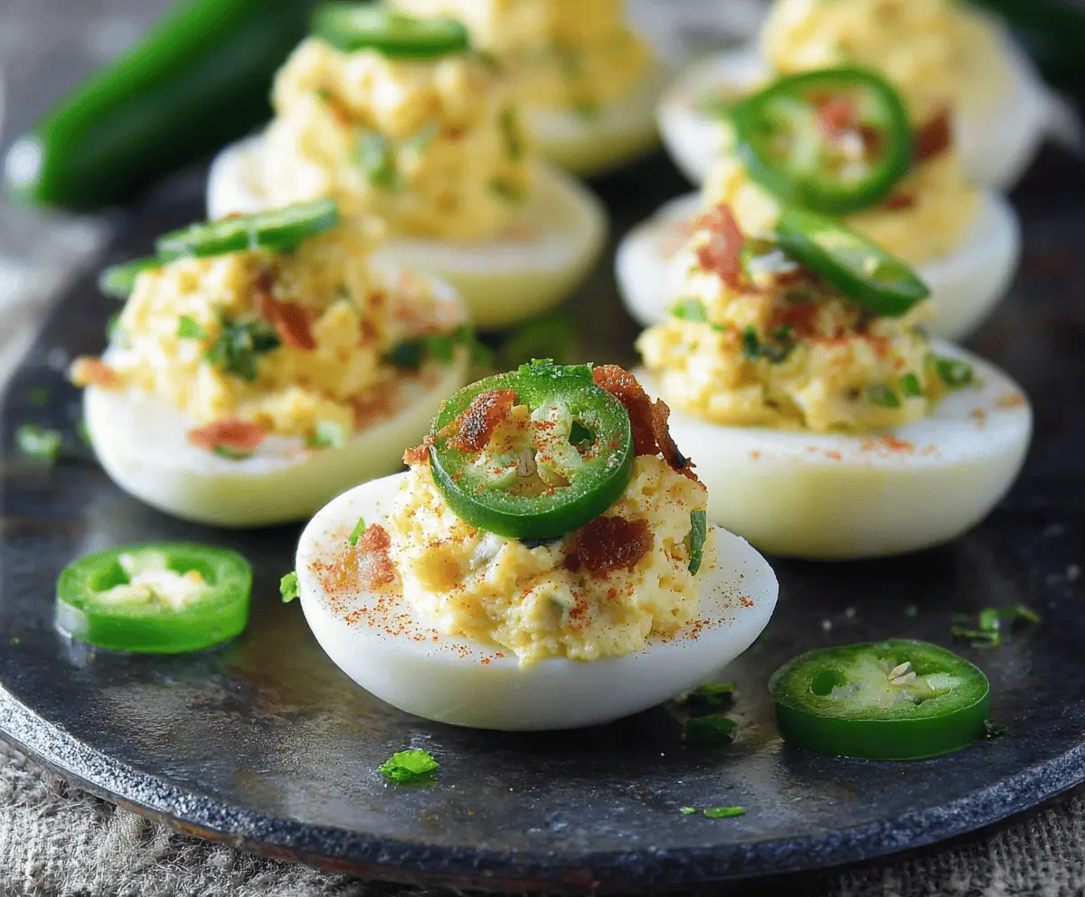 Delicious spicy jalapeño popper deviled eggs garnished with fresh herbs, perfect for appetizers.