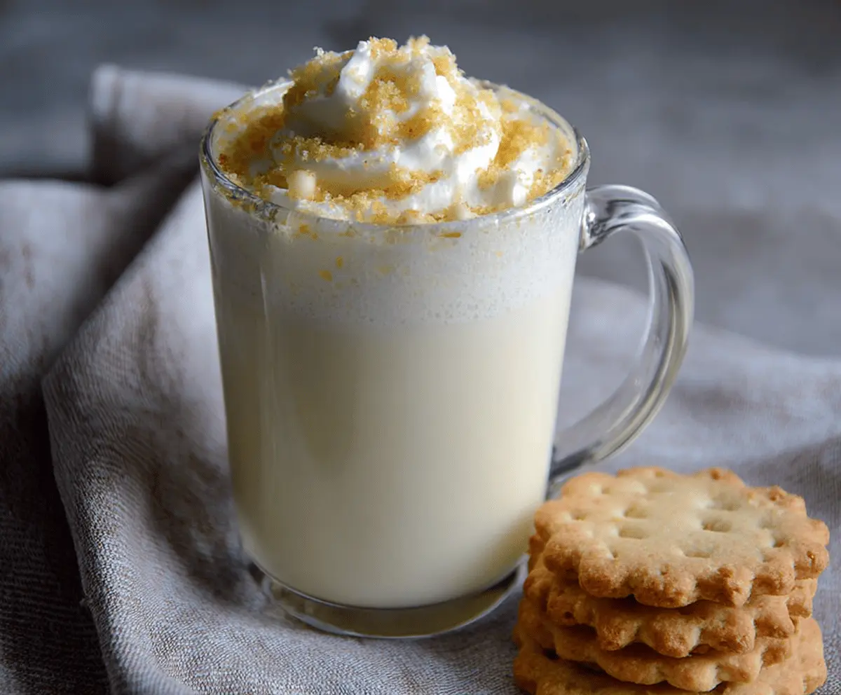 Creamy Sugar Cookie White Hot Chocolate topped with whipped cream and sprinkles in a festive mug.