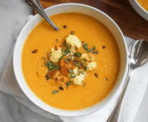 Creamy sweet potato and cauliflower soup in a bowl, garnished with herbs for a comforting meal.
