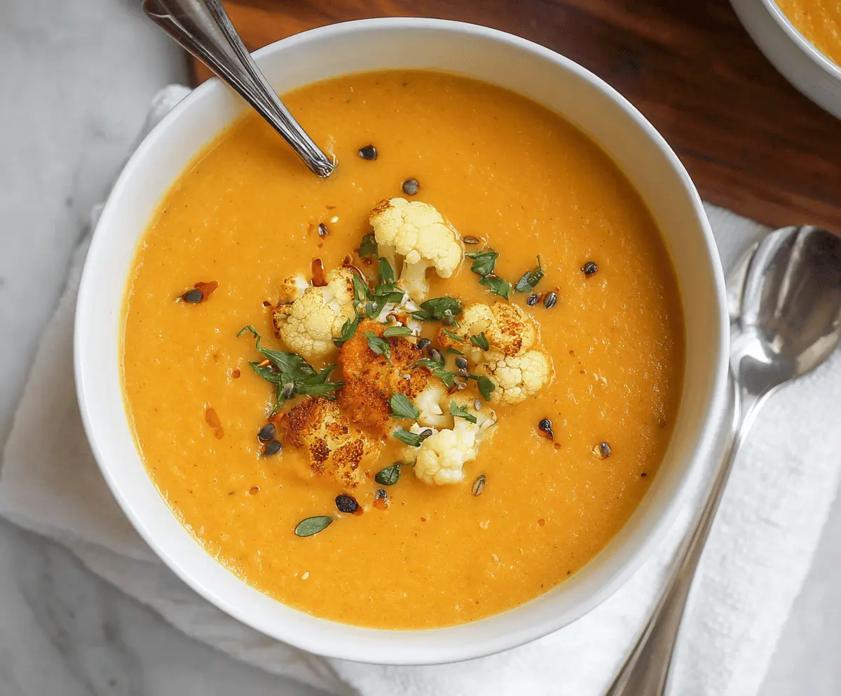 Creamy sweet potato and cauliflower soup in a bowl, garnished with herbs for a comforting meal.