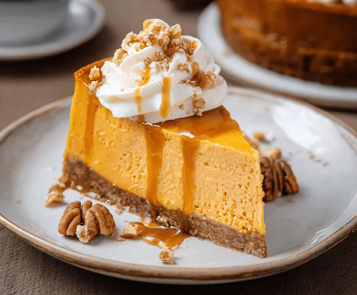 Creamy sweet potato cheesecake with a graham cracker crust, topped with whipped cream and caramel sauce.