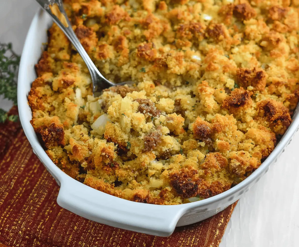 Delicious Southern Cornbread Dressing served on a festive table, perfect for holiday dinners.