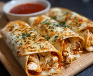 Delicious crispy Air Fryer Chicken and Mozzarella Wraps on a plate, showcasing golden-brown exterior and melted cheese filling.