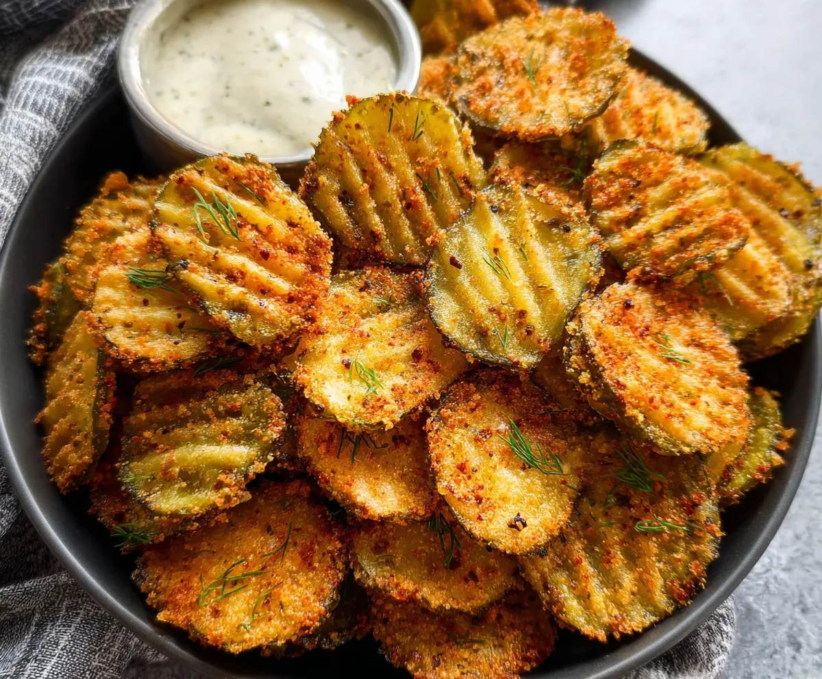 Crispy Air Fryer Spicy Dill Pickle Chips on a plate, garnished with fresh herbs.