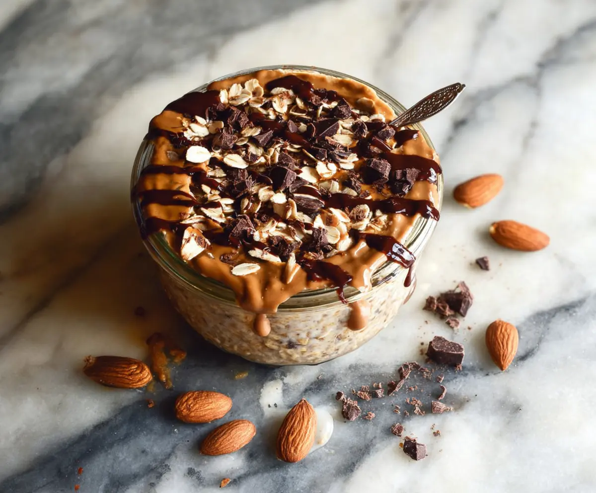 Creamy almond and dark chocolate overnight oats in a glass jar for a healthy breakfast