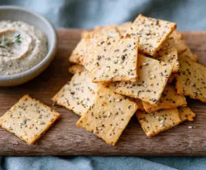Homemade almond flour crackers on a wooden platter, perfect for healthy snacking